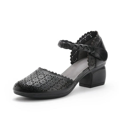 Fashionable ethnic-inspired leather women's shoes with thick heel and hollow toe design