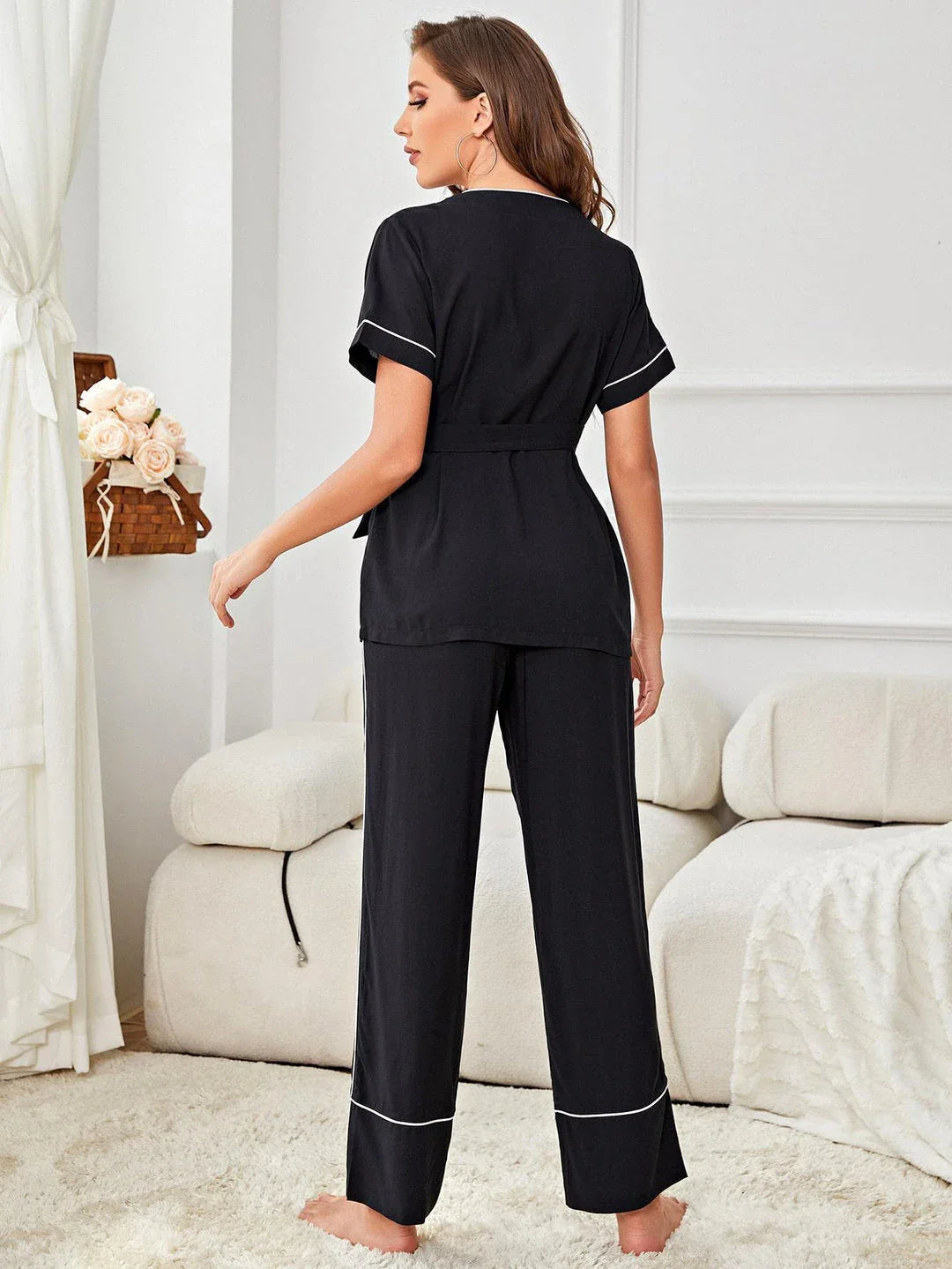 Trendha Contrast Piping Belted Top and Pants Pajama Set in Black