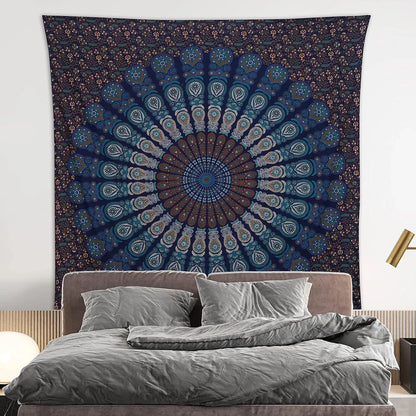 Vibrant Indian mandala tapestry with intricate patterns and bold colours, perfect for decorating bedrooms, living rooms, and outdoor spaces.