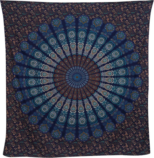 Vibrant Indian mandala tapestry with intricate patterns and bold colours, perfect for decorating bedrooms, living rooms, and outdoor spaces.