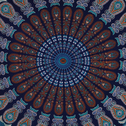 Vibrant Indian mandala tapestry with intricate patterns and bold colours, perfect for decorating bedrooms, living rooms, and outdoor spaces.