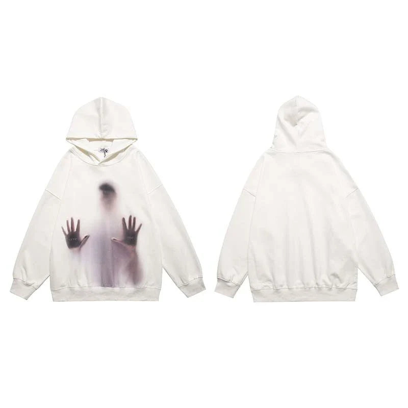 Handprinted White Ink Direct Spray Printed Men's Hooded Sweater with Abstract Pattern and Soft Cotton Construction