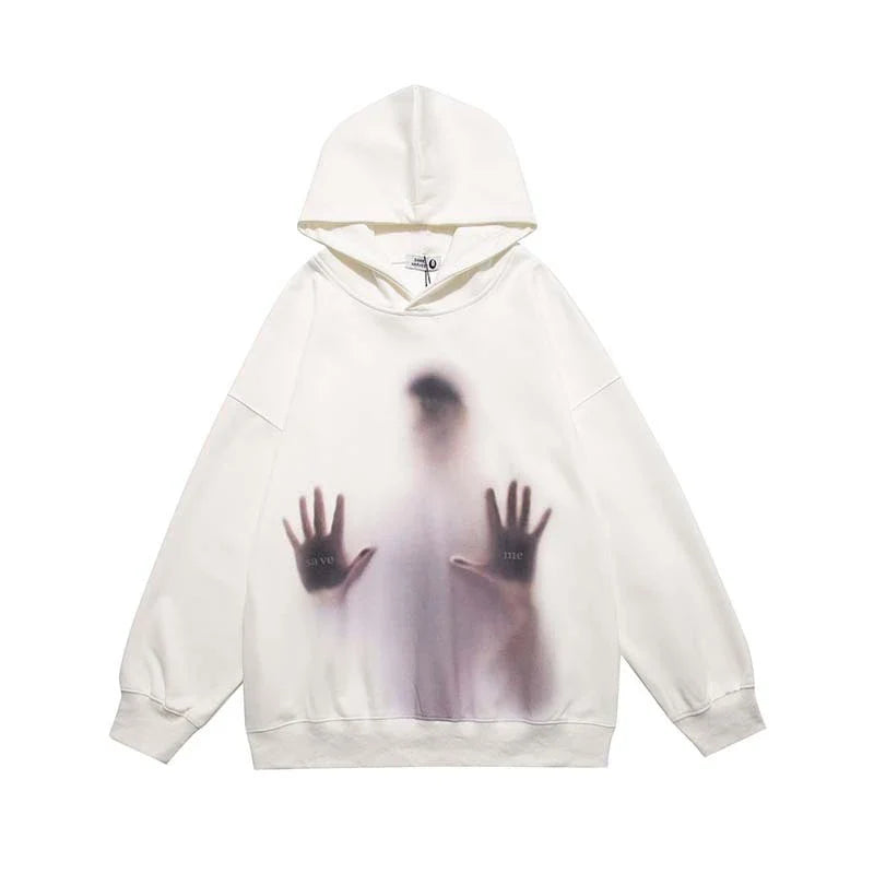 Handprinted White Ink Direct Spray Printed Men's Hooded Sweater with Abstract Pattern and Soft Cotton Construction