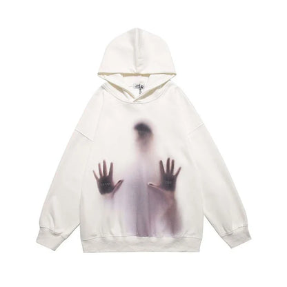 Handprinted White Ink Direct Spray Printed Men's Hooded Sweater with Abstract Pattern and Soft Cotton Construction