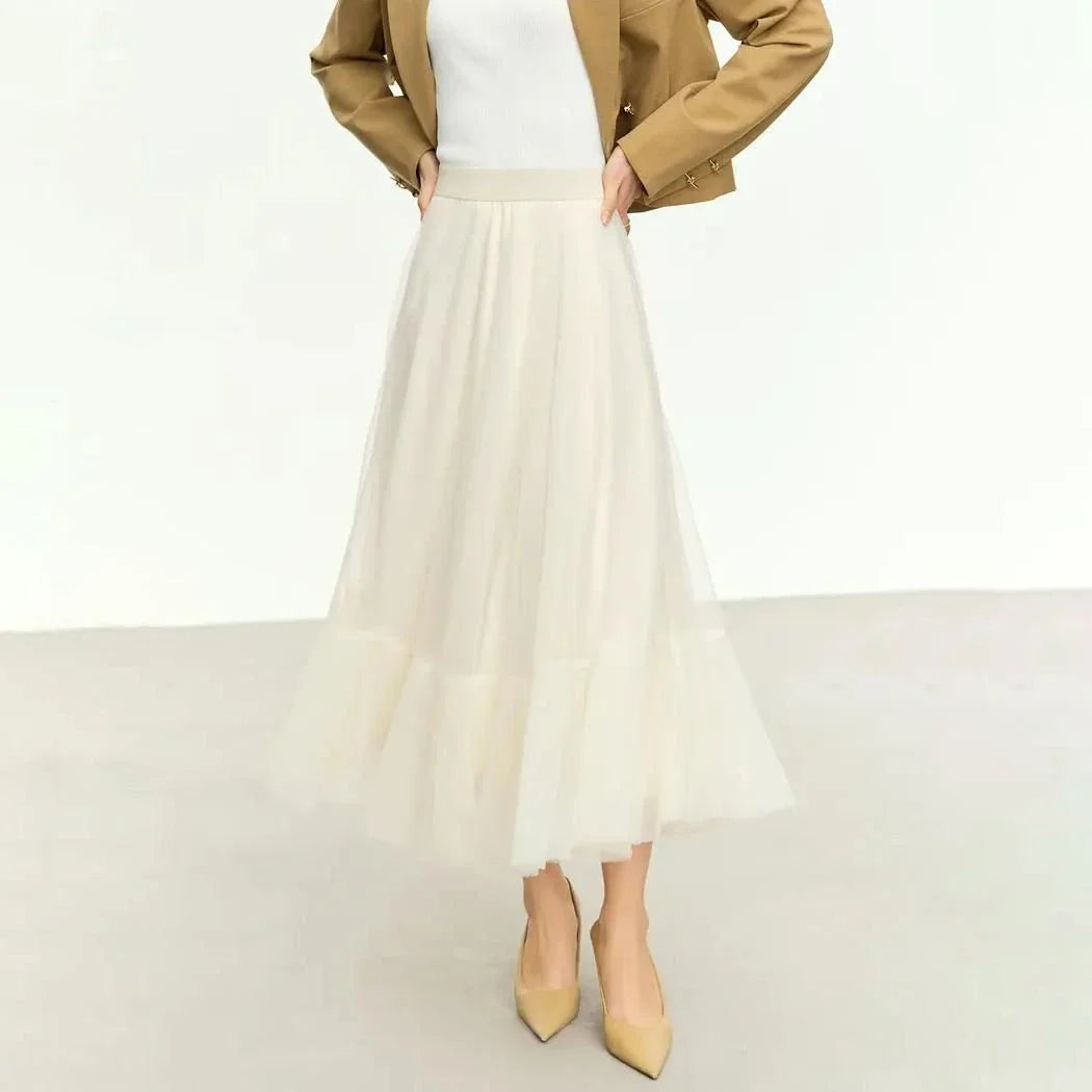 Elegant Fairy Gauze A-Line Skirt in Orange Beige and White colours, featuring a minimalist design and ankle-length A-line silhouette
