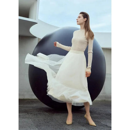 Elegant Fairy Gauze A-Line Skirt in Orange Beige and White colours, featuring a minimalist design and ankle-length A-line silhouette