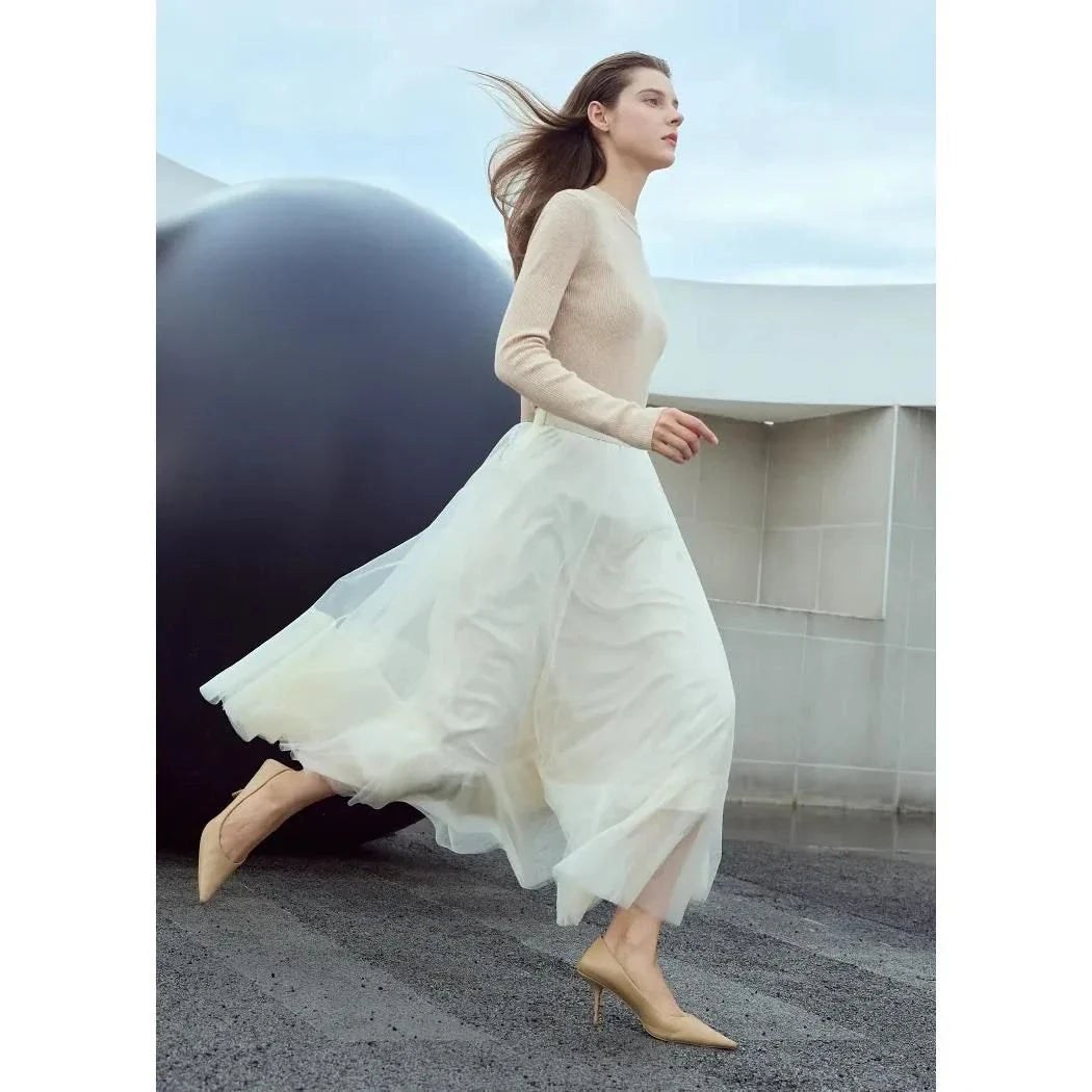 Elegant Fairy Gauze A-Line Skirt in Orange Beige and White colours, featuring a minimalist design and ankle-length A-line silhouette