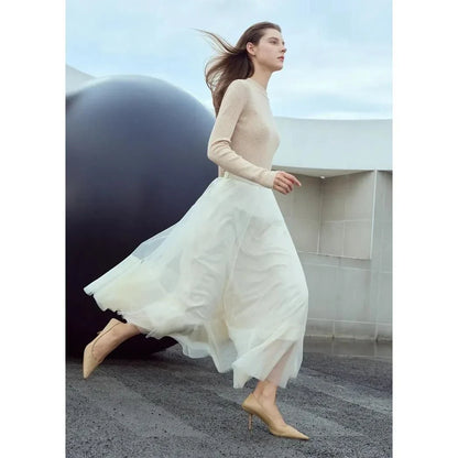 Elegant Fairy Gauze A-Line Skirt in Orange Beige and White colours, featuring a minimalist design and ankle-length A-line silhouette