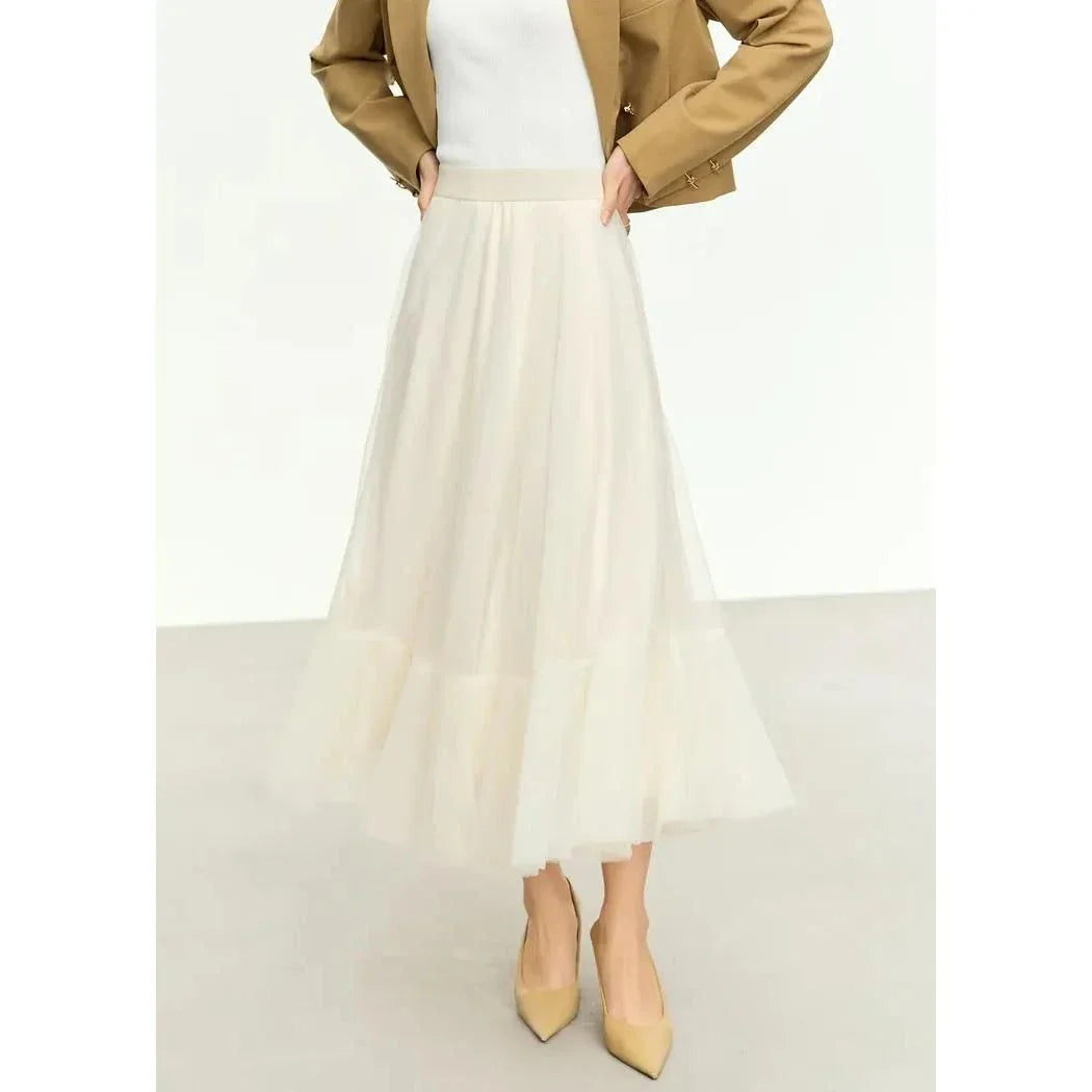 Elegant Fairy Gauze A-Line Skirt in Orange Beige and White colours, featuring a minimalist design and ankle-length A-line silhouette