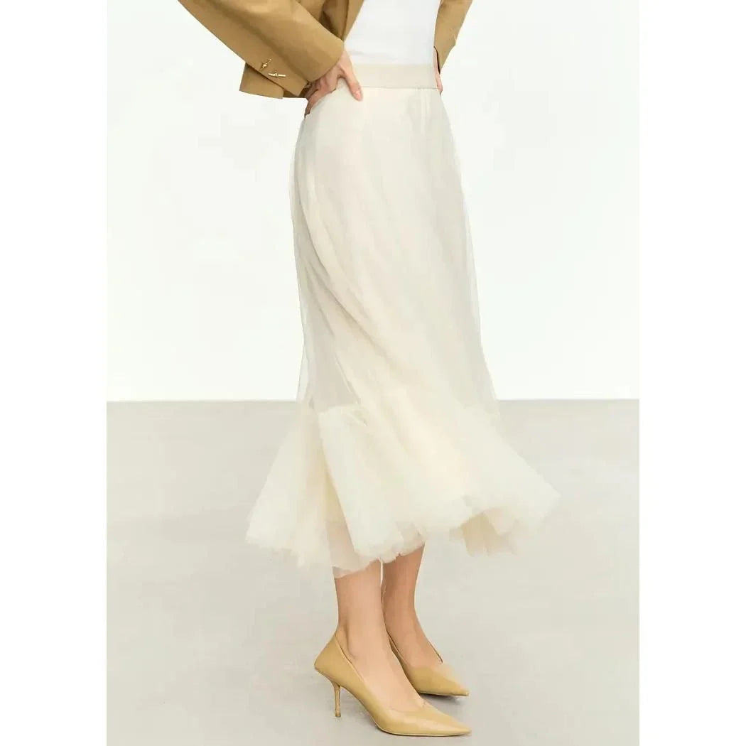 Elegant Fairy Gauze A-Line Skirt in Orange Beige and White colours, featuring a minimalist design and ankle-length A-line silhouette