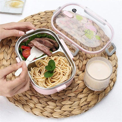 A pink stainless steel lunch box with a 650ml capacity, designed for kids' healthy and convenient meals on the go.
