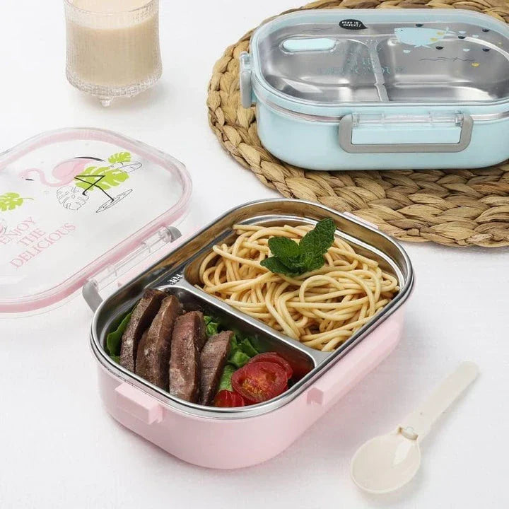 A pink stainless steel lunch box with a 650ml capacity, designed for kids' healthy and convenient meals on the go.