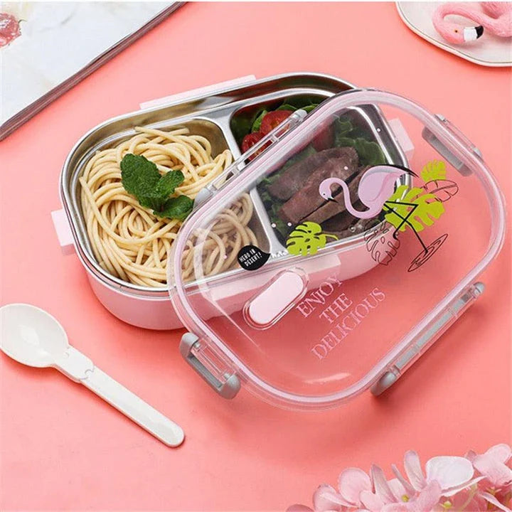 A pink stainless steel lunch box with a 650ml capacity, designed for kids' healthy and convenient meals on the go.