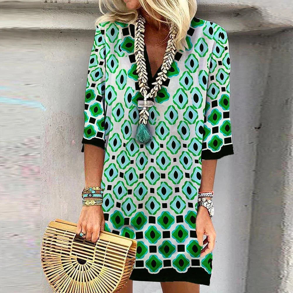 Half Sleeve Watercolor Little Flower Printing Dress - Elegant floral print dress with pencil skirt and wide waistline in lotus root, watermelon red, and green colors