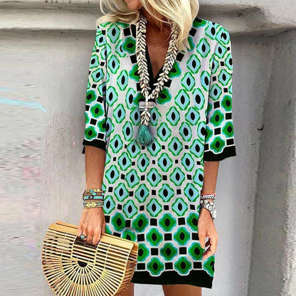 Half Sleeve Watercolor Little Flower Printing Dress - Elegant floral print dress with pencil skirt and wide waistline in lotus root, watermelon red, and green colors
