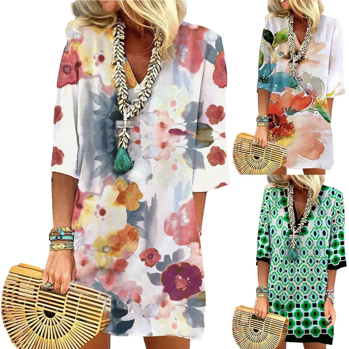 Half Sleeve Watercolor Little Flower Printing Dress - Elegant floral print dress with pencil skirt and wide waistline in lotus root, watermelon red, and green colors