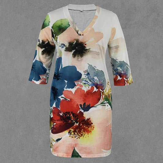 Half Sleeve Watercolor Little Flower Printing Dress - Elegant floral print dress with pencil skirt and wide waistline in lotus root, watermelon red, and green colors