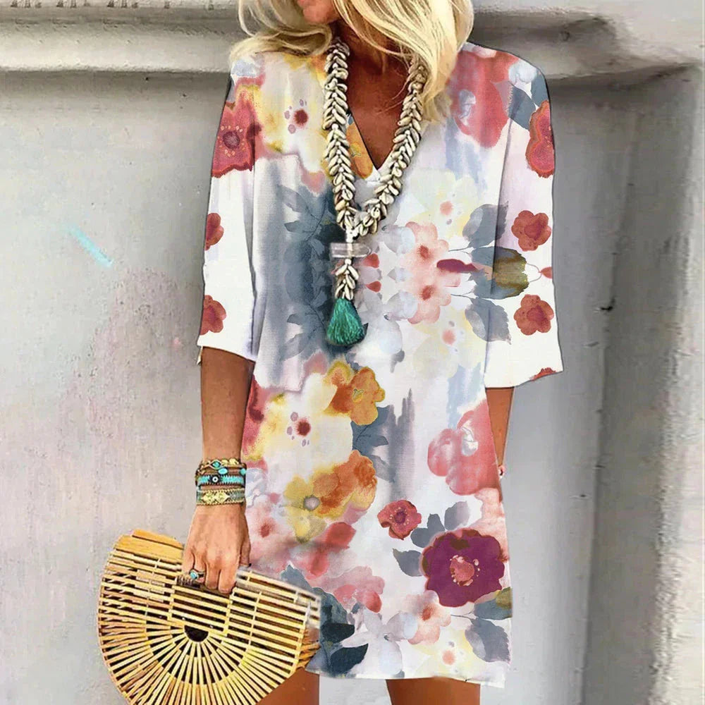 Half Sleeve Watercolor Little Flower Printing Dress - Elegant floral print dress with pencil skirt and wide waistline in lotus root, watermelon red, and green colors