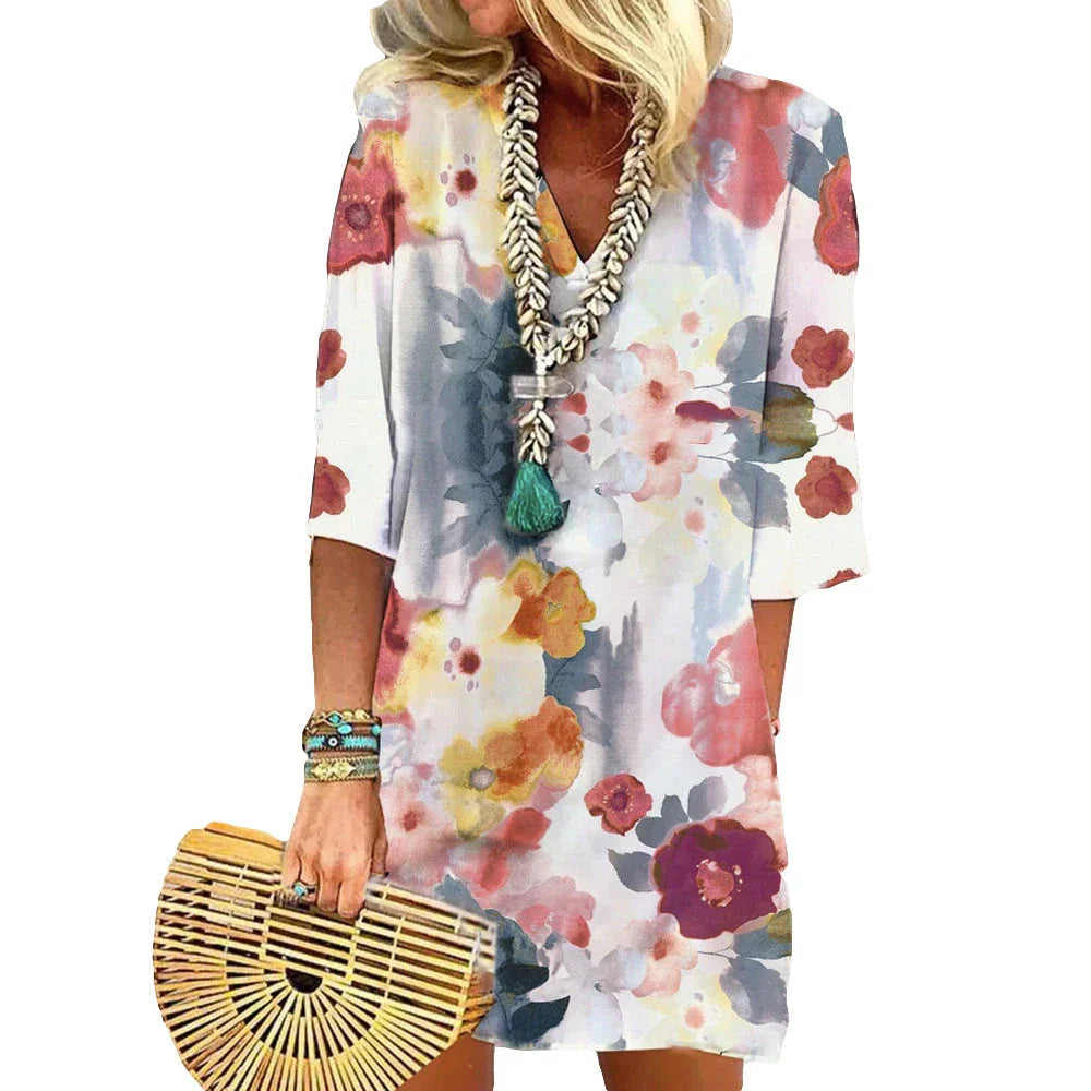 Half Sleeve Watercolor Little Flower Printing Dress - Elegant floral print dress with pencil skirt and wide waistline in lotus root, watermelon red, and green colors