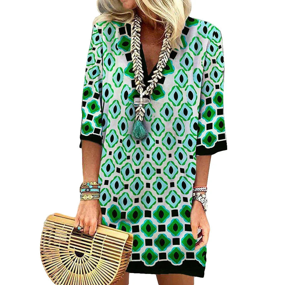 Half Sleeve Watercolor Little Flower Printing Dress - Elegant floral print dress with pencil skirt and wide waistline in lotus root, watermelon red, and green colors