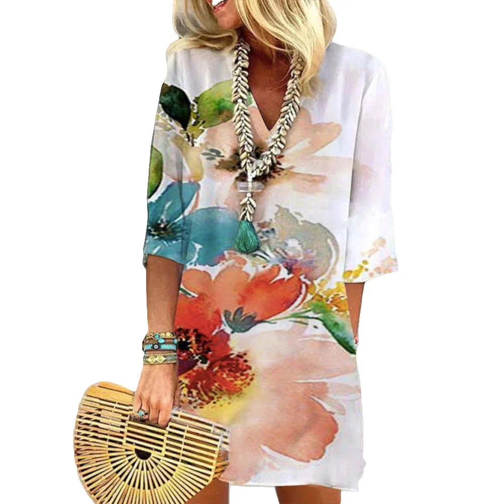 Half Sleeve Watercolor Little Flower Printing Dress - Elegant floral print dress with pencil skirt and wide waistline in lotus root, watermelon red, and green colors