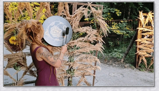 Handcrafted Shaman Alchemical Moon Drum 10 with a tree symbol and a deep, resonant sound for spiritual awakening and personal transformation