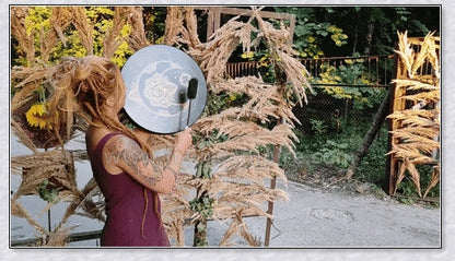 Handcrafted Shaman Alchemical Moon Drum 10 with a tree symbol and a deep, resonant sound for spiritual awakening and personal transformation