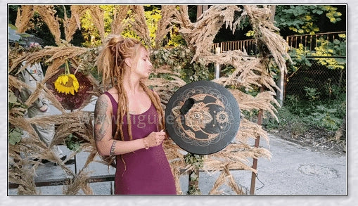 Handcrafted Shaman Alchemical Moon Drum 10 with a tree symbol and a deep, resonant sound for spiritual awakening and personal transformation