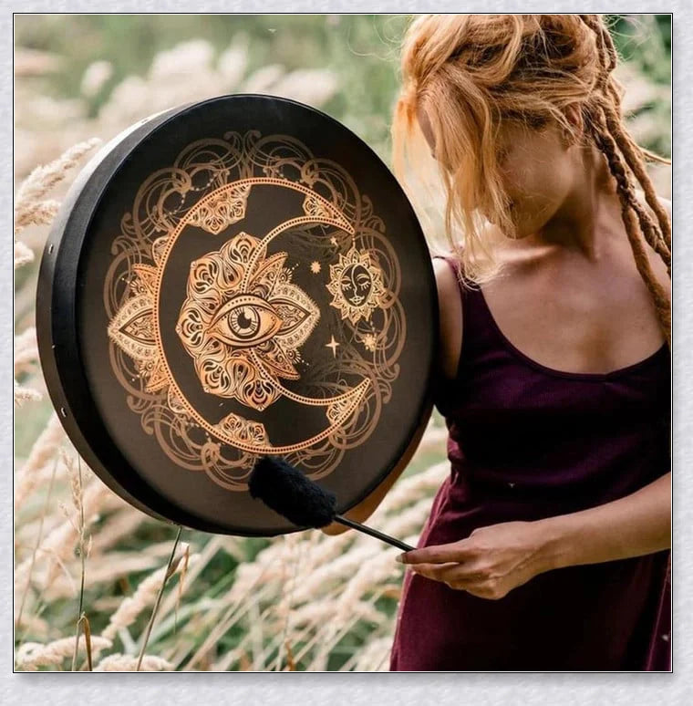 Handcrafted Shaman Alchemical Moon Drum 10 with a tree symbol and a deep, resonant sound for spiritual awakening and personal transformation