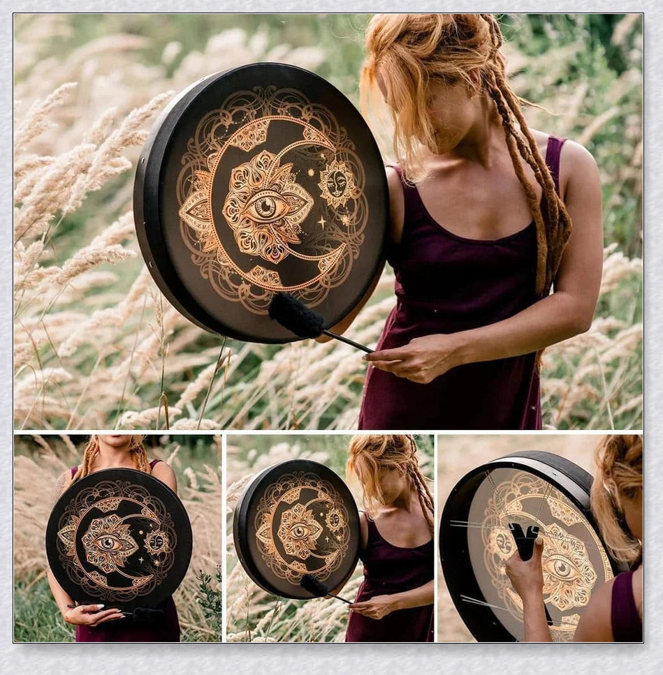 Handcrafted Shaman Alchemical Moon Drum 10 with a tree symbol and a deep, resonant sound for spiritual awakening and personal transformation