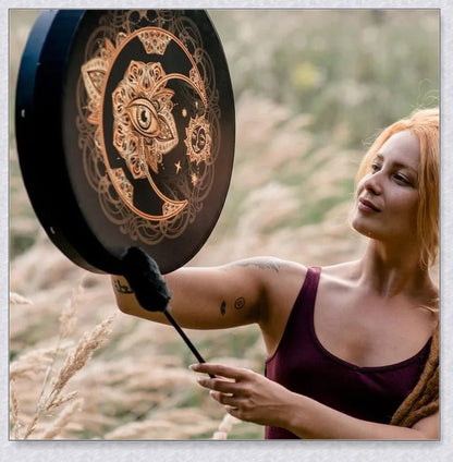 Handcrafted Shaman Alchemical Moon Drum 10 with a tree symbol and a deep, resonant sound for spiritual awakening and personal transformation