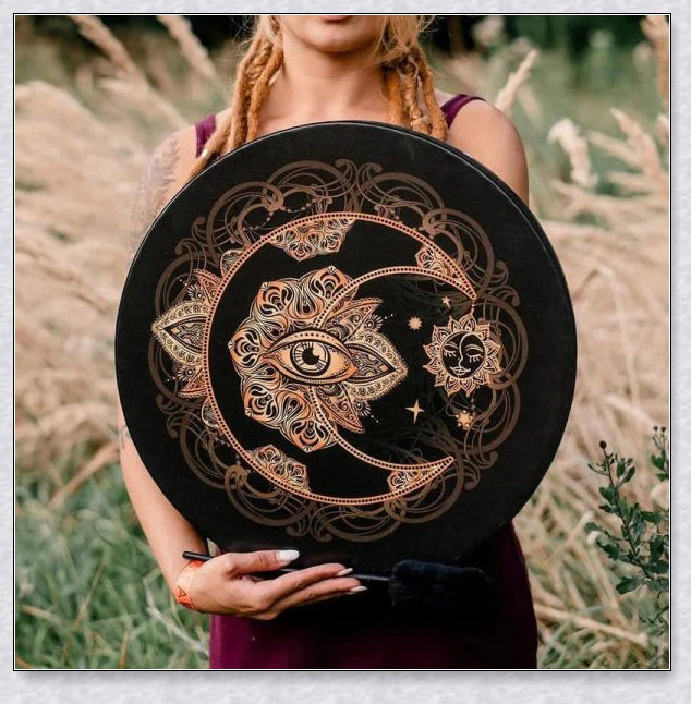 Handcrafted Shaman Alchemical Moon Drum 10 with a tree symbol and a deep, resonant sound for spiritual awakening and personal transformation
