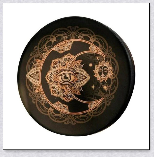 Handcrafted Shaman Alchemical Moon Drum 10 with a tree symbol and a deep, resonant sound for spiritual awakening and personal transformation
