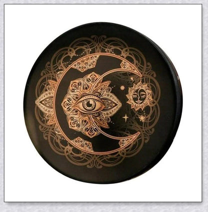 Handcrafted Shaman Alchemical Moon Drum 10 with a tree symbol and a deep, resonant sound for spiritual awakening and personal transformation
