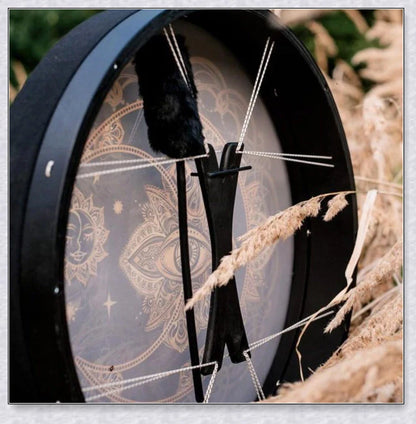 Handcrafted Shaman Alchemical Moon Drum 10 with a tree symbol and a deep, resonant sound for spiritual awakening and personal transformation