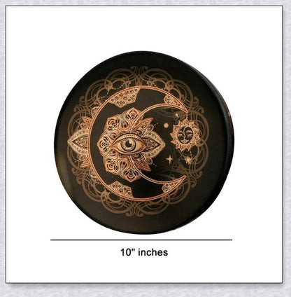 Handcrafted Shaman Alchemical Moon Drum 10 with a tree symbol and a deep, resonant sound for spiritual awakening and personal transformation