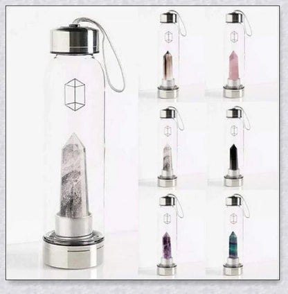 A handcrafted glass water bottle infused with natural crystals, offering a unique and sustainable hydration experience.