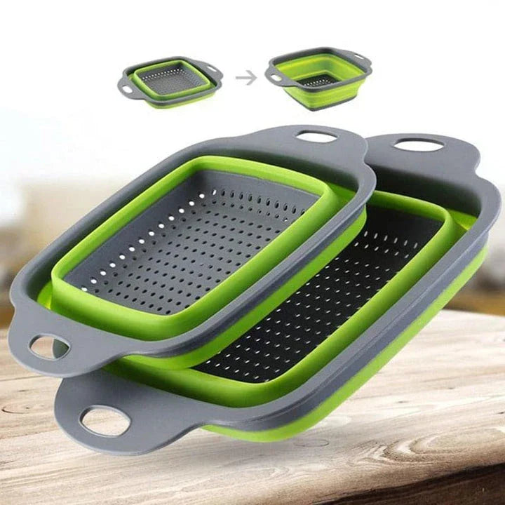 Foldable kitchen tool for sifting, straining, and scooping fruits and vegetables in a modern British kitchen
