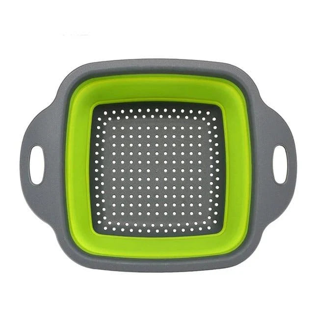 Foldable kitchen tool for sifting, straining, and scooping fruits and vegetables in a modern British kitchen
