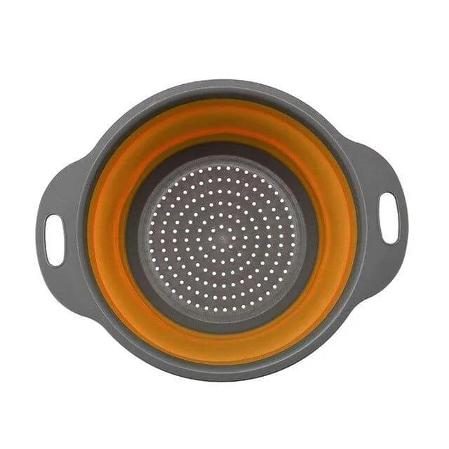 Foldable kitchen tool for sifting, straining, and scooping fruits and vegetables in a modern British kitchen