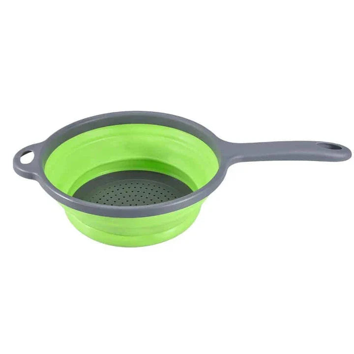 Foldable kitchen tool for sifting, straining, and scooping fruits and vegetables in a modern British kitchen