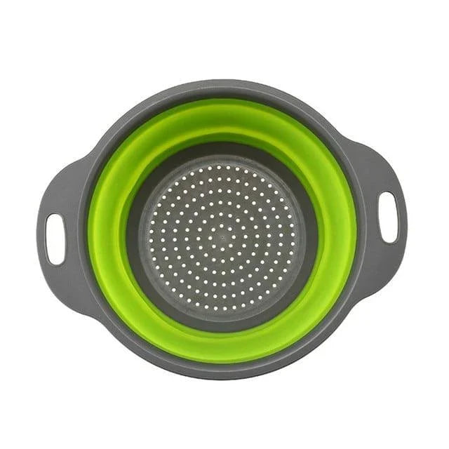 Foldable kitchen tool for sifting, straining, and scooping fruits and vegetables in a modern British kitchen
