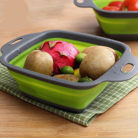 Foldable kitchen tool for sifting, straining, and scooping fruits and vegetables in a modern British kitchen
