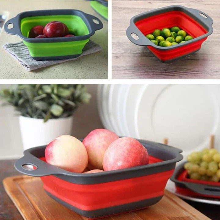 Foldable kitchen tool for sifting, straining, and scooping fruits and vegetables in a modern British kitchen