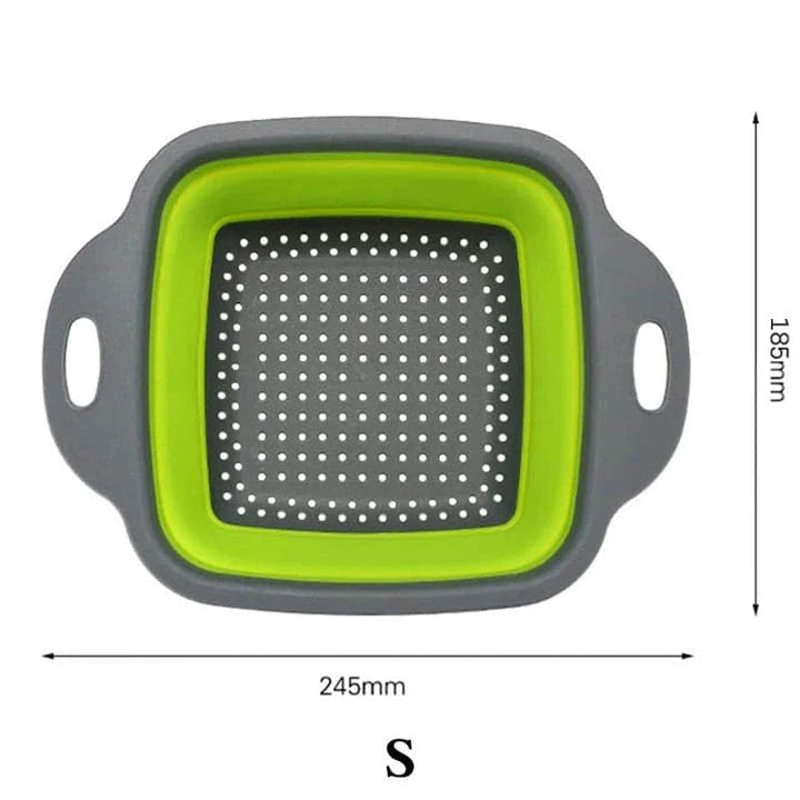 Foldable kitchen tool for sifting, straining, and scooping fruits and vegetables in a modern British kitchen
