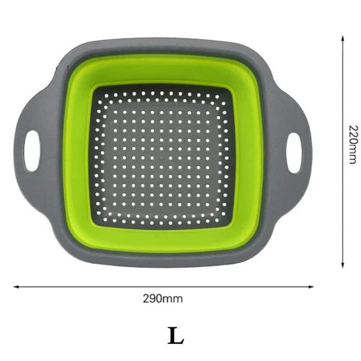 Foldable kitchen tool for sifting, straining, and scooping fruits and vegetables in a modern British kitchen