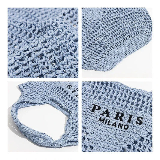 Luxury design women's plaited raffia straw bag in blue color, featuring a criss-cross pattern and large capacity for everyday use.