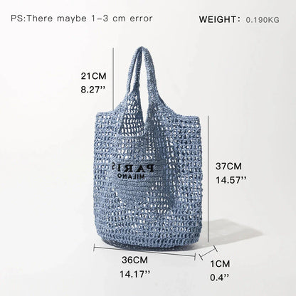 Luxury design women's plaited raffia straw bag in blue color, featuring a criss-cross pattern and large capacity for everyday use.
