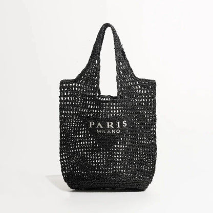 Luxury design women's plaited raffia straw bag in blue color, featuring a criss-cross pattern and large capacity for everyday use.