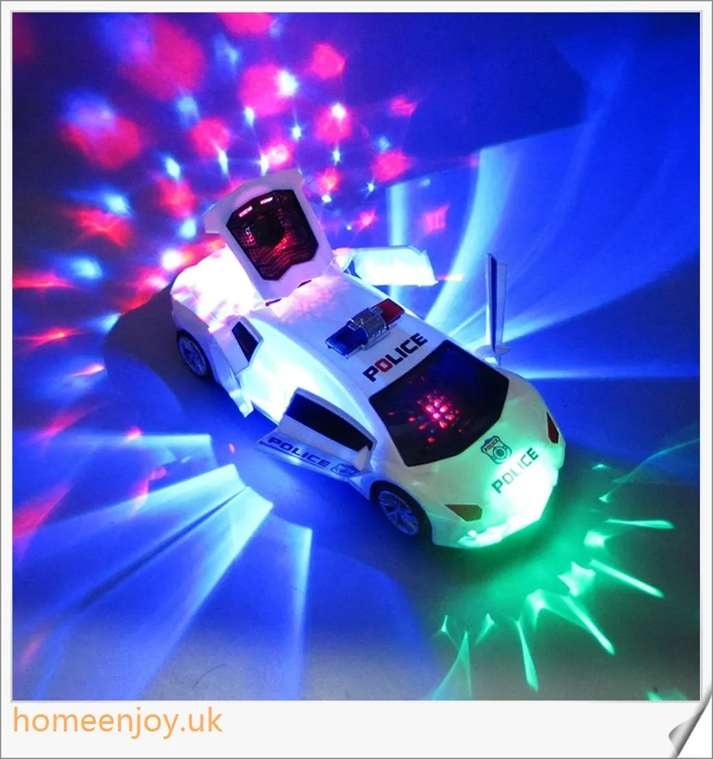 A 360-degree rotating police car toy with flashing LED lights and siren sounds, perfect for young law enforcement enthusiasts.